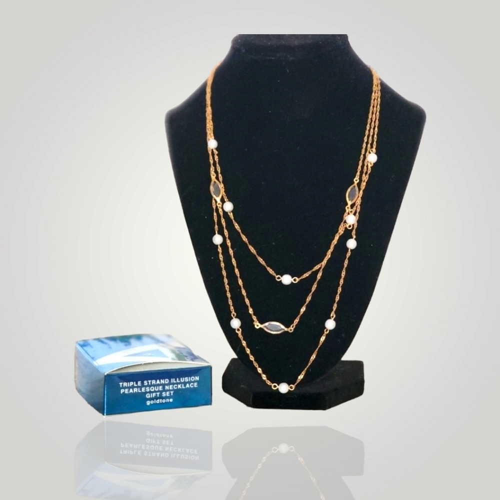 Vintage Triple Strand Illusion Pearlesque Necklace/Earrings Gift Set Gold Tone